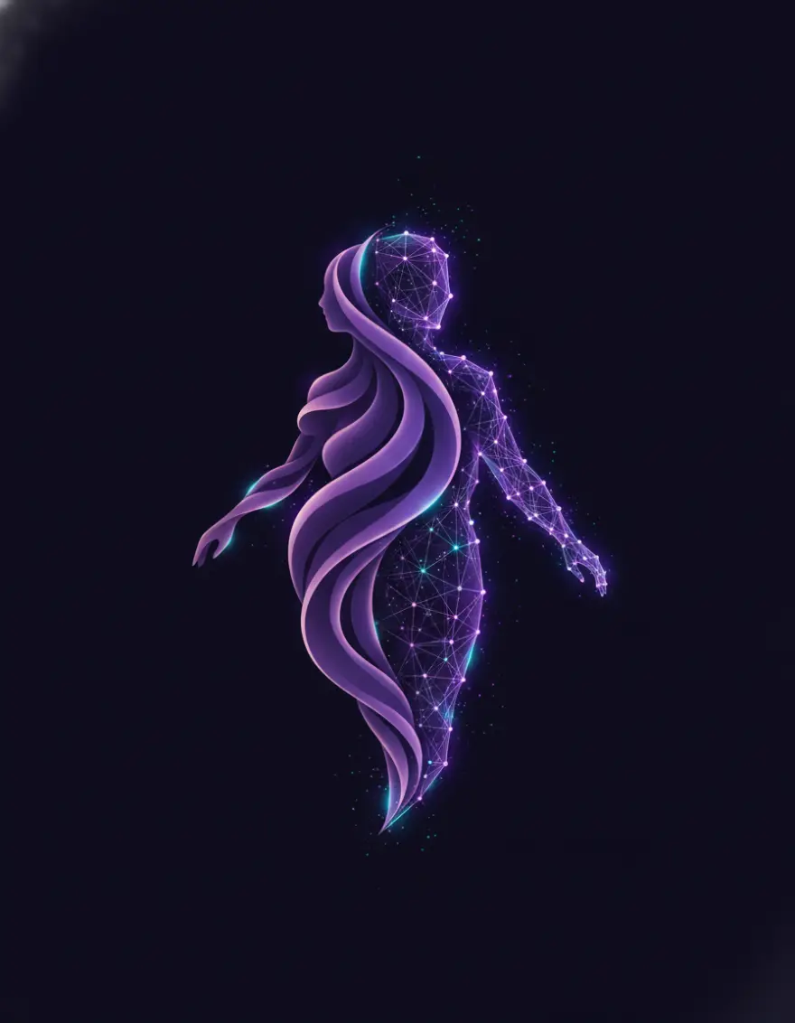 Abstrakte Illustration: eine menschliche Silhouette aus fließenden violetten Lichtbändern verschmilzt mit einem geometrischen Netz aus leuchtenden Knoten — Mensch und KI-Agent als ein Team.